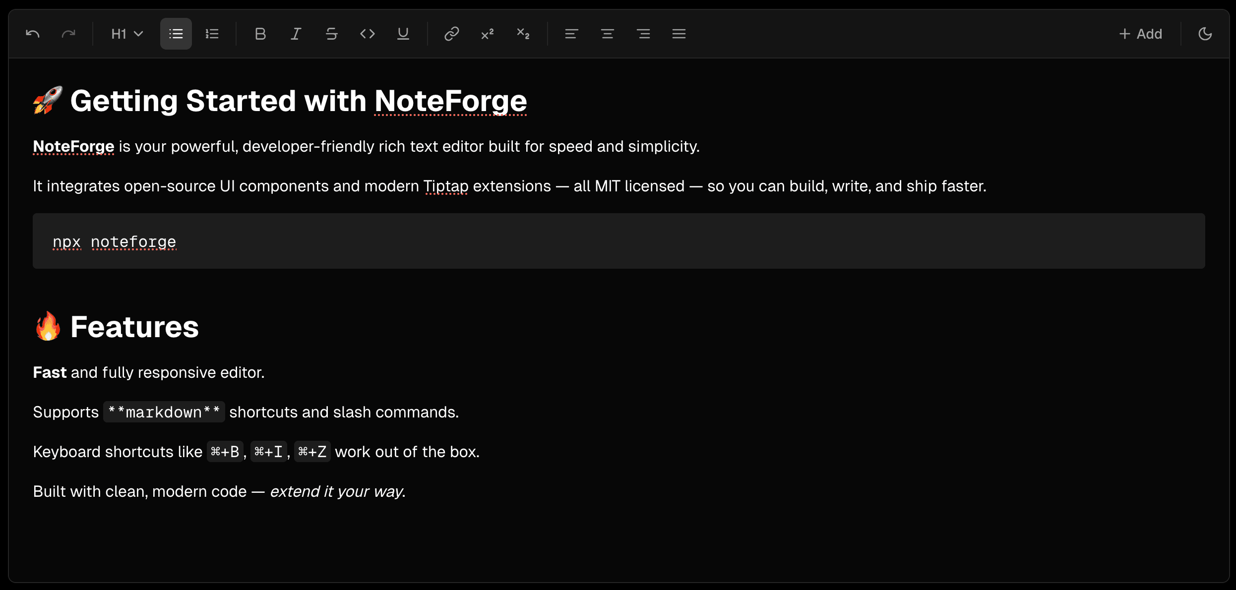 NoteForge UI (dark)